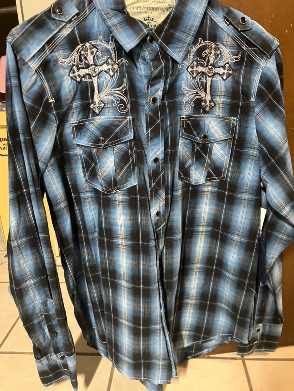 Supply Company USA Blue Plaid Affliction Style Black Pearl Snap Shirt Size M NWT